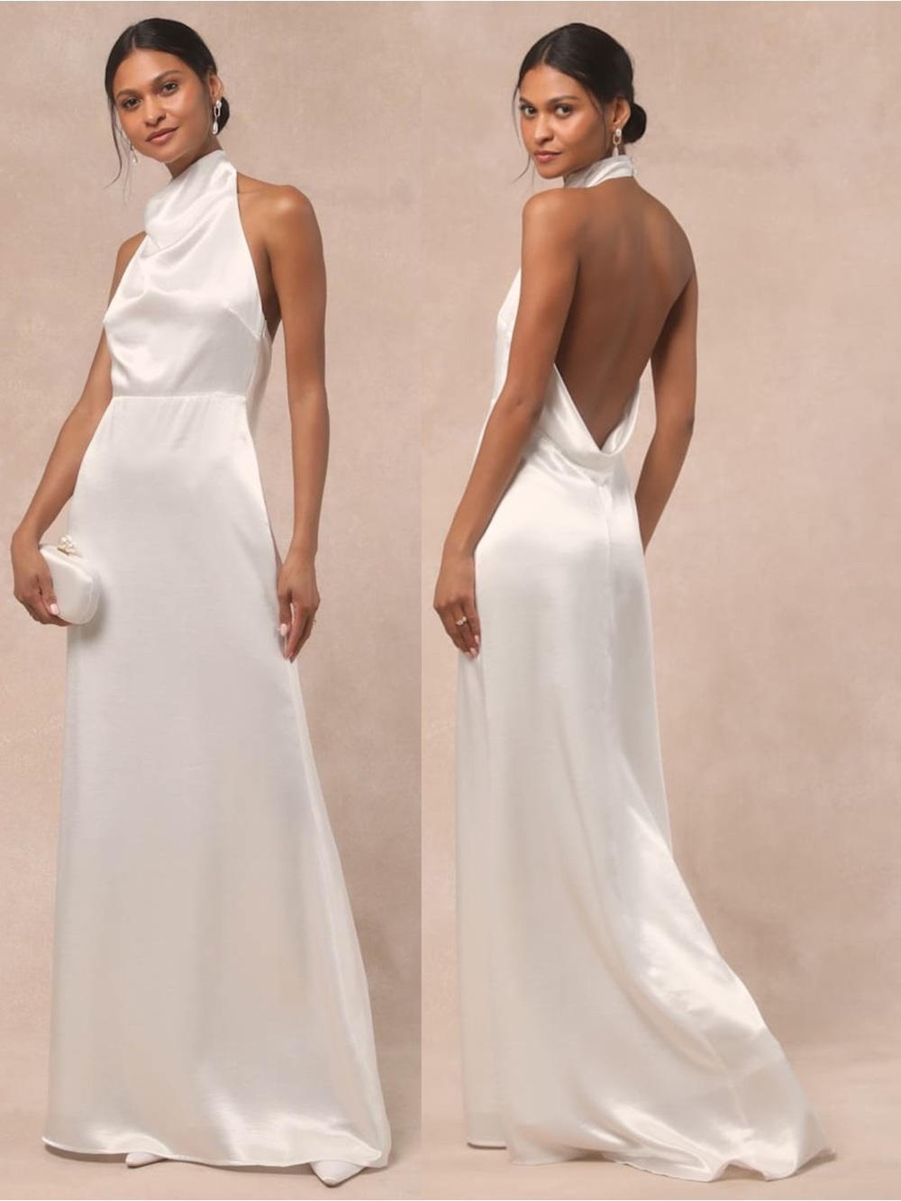 LULUS Satin Cowl Halter Neck Draped Open Back Princesscore Gown With Train Small
